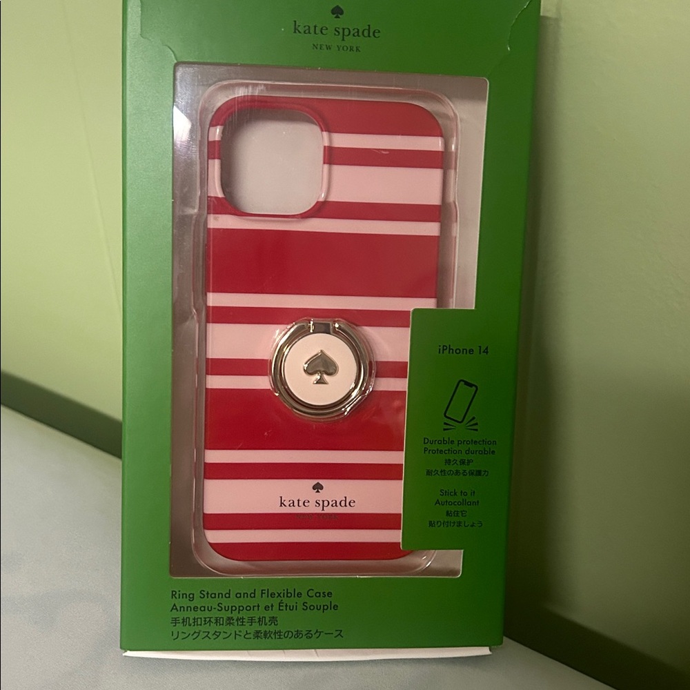 Kate Spade Red and White Striped iPhone 14 Case with Ring Stand